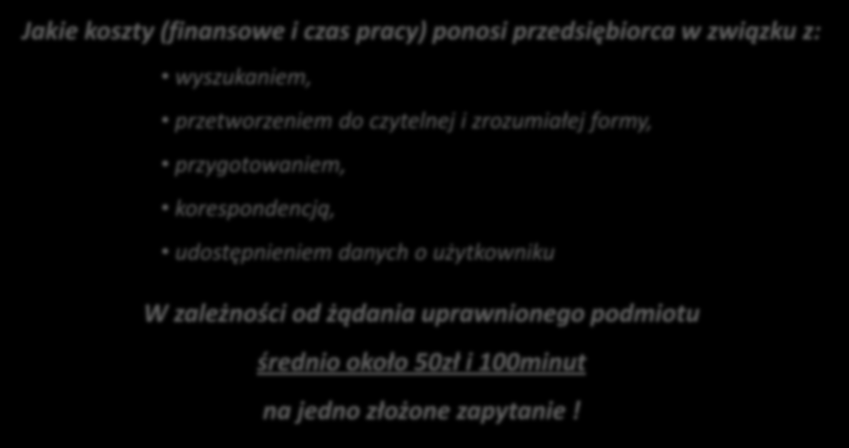 Koszty, koszty, koszty Jakie koszty (finansowe i czas pracy) ponosi przedsiębiorca w związku z: wyszukaniem, przetworzeniem do czytelnej i zrozumiałej formy,