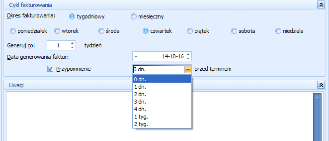 cykliczne to poniedziałek, to podana data początkowa będzie poniedziałkiem. Jeśli jednak daty zostaną zmodyfikowane, program nie pozwoli na taki zapis.