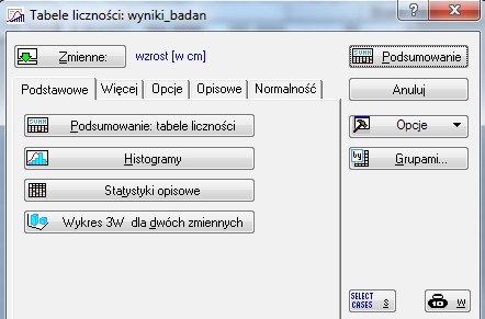 wzrost), wówczas wykorzystujemy menu Statystyka -> Statystyki podstawowe i tabele -> Tabele