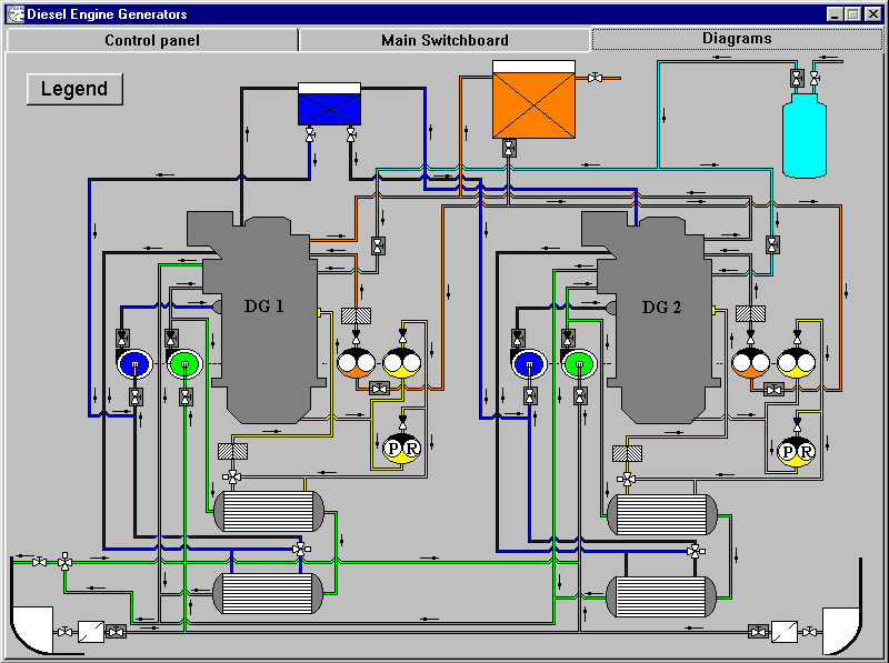 Schemat instalacji / DIAGRAMS / obejmuje następujące systemy: - system oleju smarnego / L.O. lubricating oil system /, - system wody chłodzącej słodkiej / F.W.
