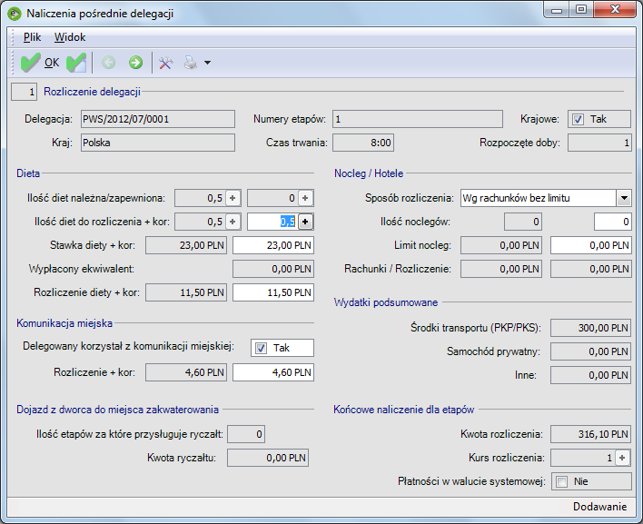 Delegacja PWS / Naliczenia Obliczenie diety. Polska Naliczenie Za delegację krajową przysługuje dieta w pełnej wysokości, (ponieważ Etap I i II w sumie 16 h) czyli 23 PLN.