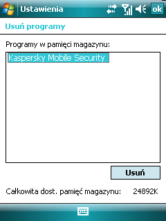 Rysunek 68. Zakładka System c. Wybierz program Kaspersky Mobile Security z listy zainstalowanych programów i wciśnij przycisk Usuń (patrz rysunek poniżej). Rysunek 69.