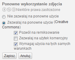 Serwis Picasa W serwisie fotograficznym Picasa możemy również wybrać jedną licencję dla wszystkich publikowanych materiałów lub określić licencję dla każdego zdjęcia indywidualnie.