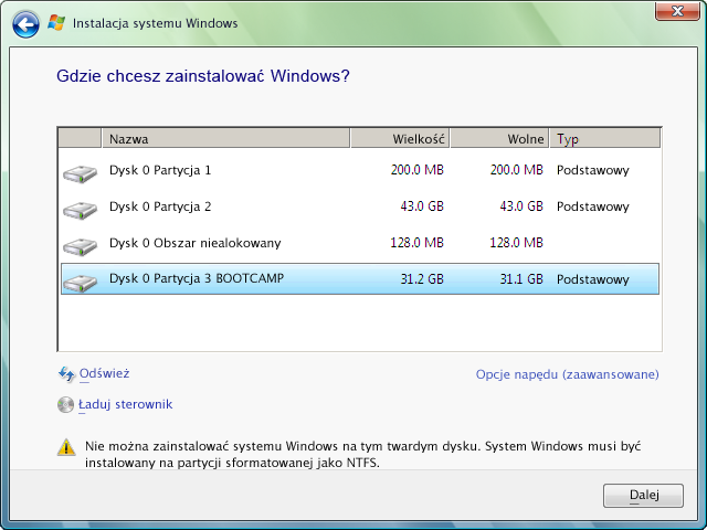 5 Kliknij w Opcje napędu (zaawansowane). 6 Kliknij w Formatuj, a następnie kliknij w OK. 7 Kliknij w Dalej. Partycja dla systemu Windows zostanie sformatowana przy użyciu systemu plików NTFS.