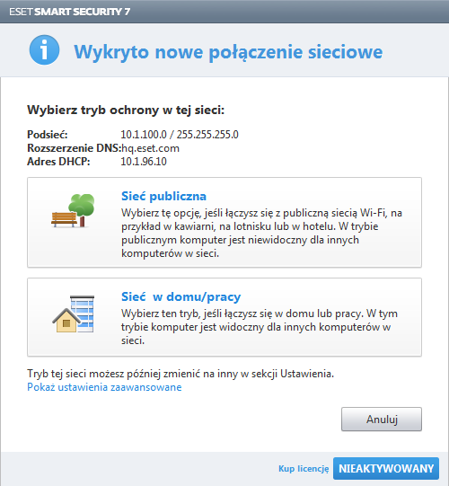 zagrożeniami natychmiast. Ustawienia strefy zaufanej Jeśli po ukończeniu instalacji zostanie wykryte połączenie sieciowe, program wyświetli powiadomienie umożliwiające skonfigurowanie strefy zaufanej.