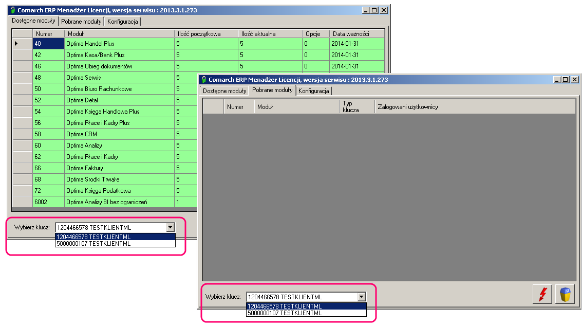 Jeżeli w Menadżerze Licencji zostanie aktywowany więcej niż jeden klucz to na zakładkach Dostępne moduły oraz Pobrane moduły pojawia się dodatkowa lista rozwijana: Wybierz klucz, gdzie można wskazać,