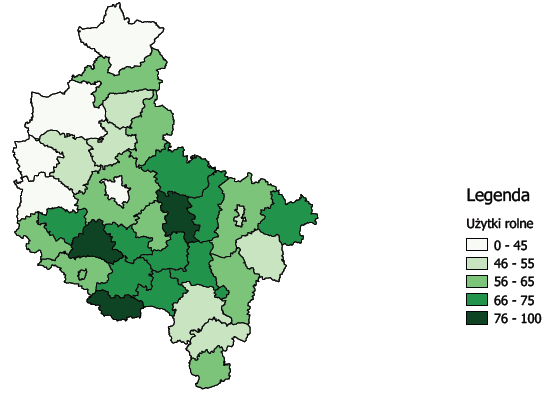 STRONA 40 Mapa 6. Udział powierzchni użytków rolnych w całkowitej powierzchni jednostki w 2010 r. (w %) Mapa 7. Udział pracujących w rolnictwie, łowieckie i rybactwie w 2012 r.