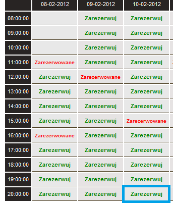 Na ekranie pojawia się komunikat o dokonanej rezerwacji oraz zaktualizowany grafik, na którym interesujące użytkownika stanowisko zostało zarezerwowane na 10-02-2012 godzina 20:00.