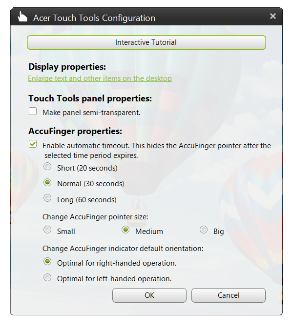 44 - Narzędzia dotykowe Acer Ustawienia Ustawienia można dostosować w zależności od własnych potrzeb, łącznie z ustawieniem rozmiaru i