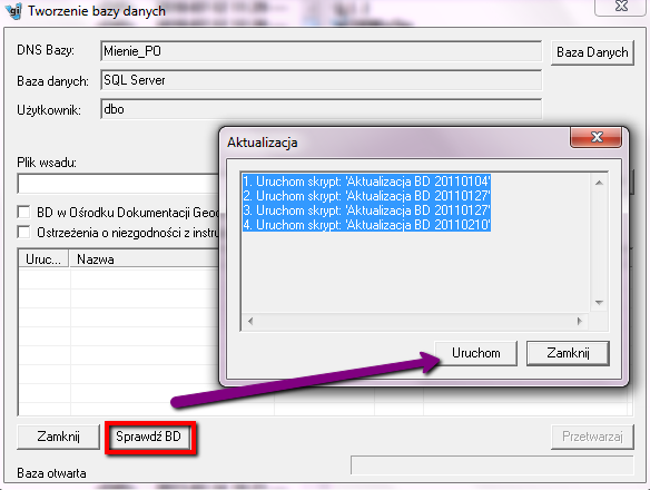 S t r n a 27 Rysunek 32. Uruchamianie skryptu aktualizująceg. P zakńczeniu teg etapu baza będzie aktualna. Prcedurę należy pwtórzyć dla wszystkich baz Mienie.