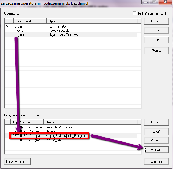 S t r n a 28 Rysunek 33.Zmiana praw użytkwnika dla GEO-INFO 6 Mapa.