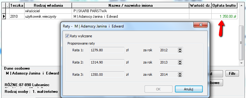 S t r n a 50 Rysunek 53. Okn rzłżenia na raty płaty za wieczyste użytkwanie. Należy zauważyć, że GEO-INFO 6 Sigma p przeliczeniu wyskści płat pkazuje ją przy użytkwniku na zieln.