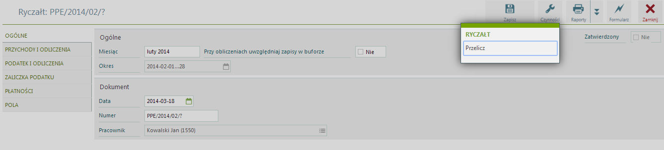 Zaliczka na Podatek Ryczałtowy Program na podstawie zapisów (przychodów) w ewidencji ryczałtowej i informacji wprowadzonej na karcie właściciela, wylicza zaliczkę na podatek ryczałtowy.