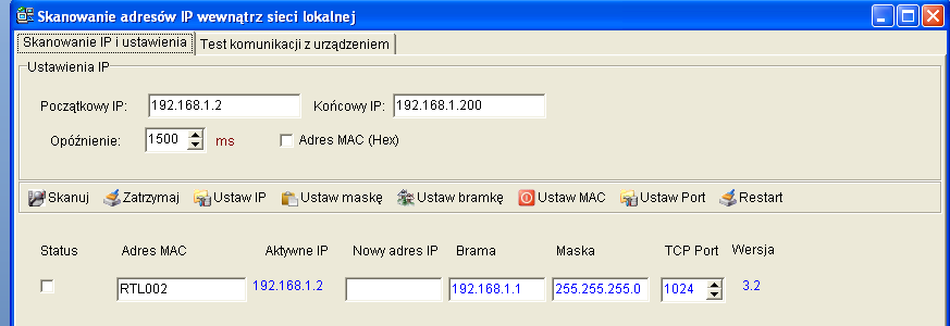 UWAGA: komputer którym będziemy wyszukiwali kontrolery musi mieć adres IP z tej samej podsieci co poszukiwany kontroler. Domyślny adres IP kontrolera to 192.168.1.2. komputer powinien posiadać adres 192.