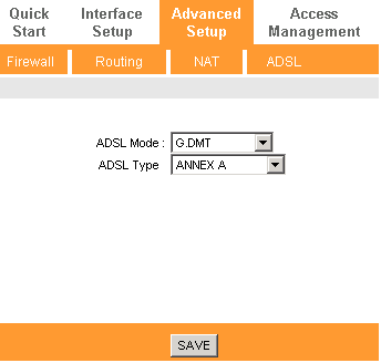 e) Przechodzimy do zakładki Advanced Setup ADSL, w zależności od operatora ustawiamy odpowiednie parametry dla interfejsu ADSL.