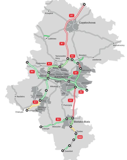 drogi ekspresowej Planowane połączenie Katowic autostradą A1 z północną Polską dopiero około roku 2020 Drogowa Trasa Średnicowa droga szybkiego ruchu łącząca