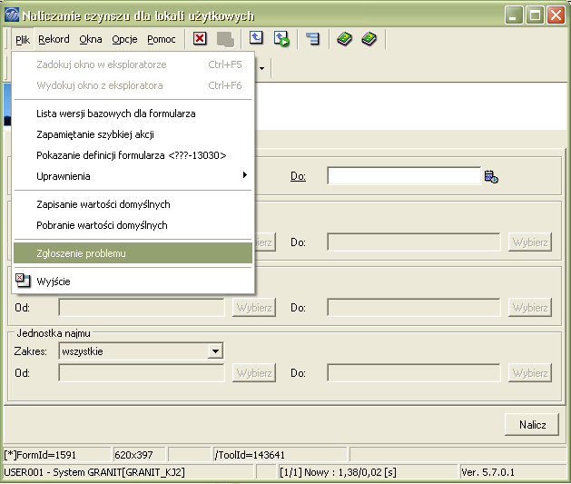 Rys. 5 Uruchomienie okna do zapisu informacji o błędzie Drugim elementem składowym zgłoszenia jest Formularz.