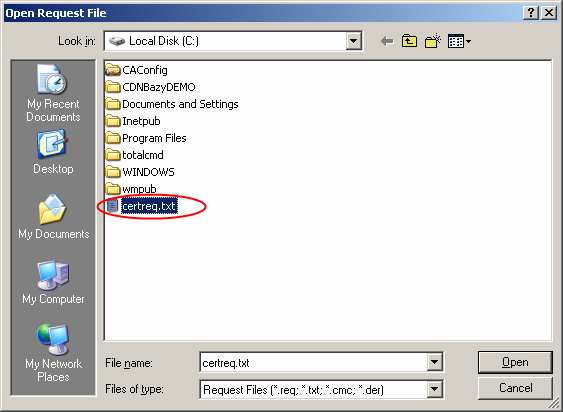 Następnie wskazujemy zapisane wcześniej w pliku tekstowym Ŝądanie certyfikatu.