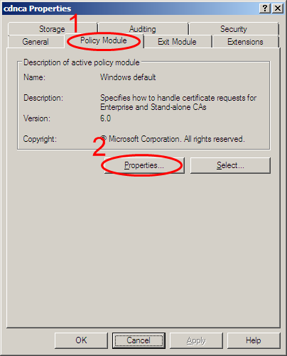 We właściwościach urzędu certyfikacji przechodzimy do ustawień Policy Module, a następnie do jego właściwości (Properties).