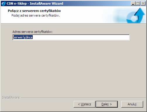 Wskazanie serwera certyfikatów Jako adres serwera certyfikatów podajemy pełną nazwę utworzonego wcześniej Certification Authority (podpowiada się on automatycznie).