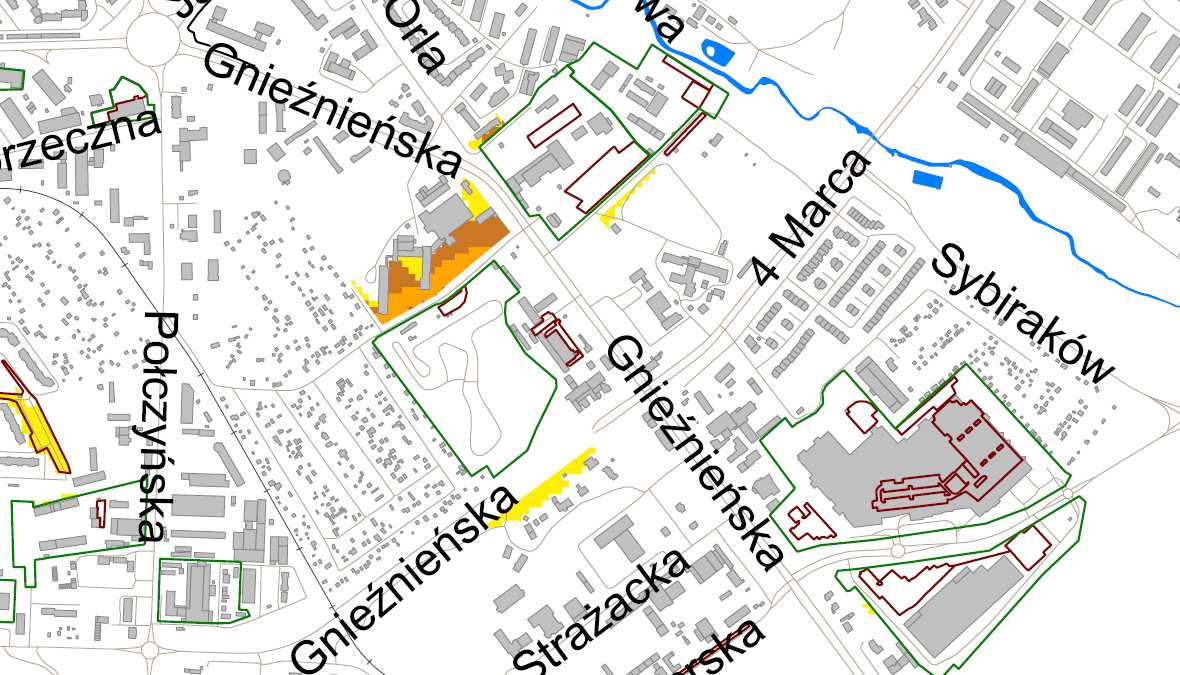 Rysunek 42: Fragment mapy terenów zagrożonych em: Hałas przemysłowy wskaźnik L DWN [Źródło: Mapa akustyczna miasta Koszalina] Wyniki mapy akustycznej wskazują, że działania naprawcze powinny być