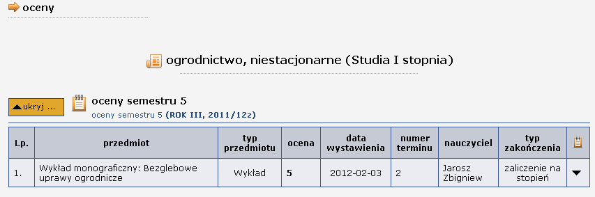 Po wybraniu właściwego semestru publikowane są szczegóły zakresu programowego