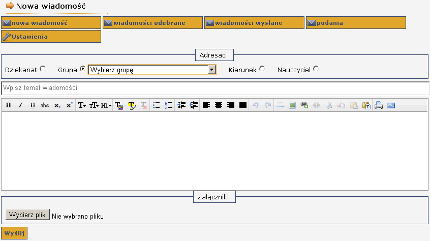 1.2.5 Kioski Informacyjne WD funkcja Wiadomości Funkcja menu wiadomości umożliwia odczyt oraz wysłanie wiadomości do: - dziekanatu, - określonej grupy w obrębie kierunku i