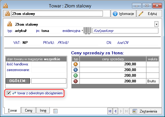 Towar - pole wyboru "towar z odwrotnym obciążeniem" Na potrzeby zoptymalizowania procesu obsługi operacji z odwrotnym obciążeniem, na formatce towaru dodano oznaczenie towar z odwrotnym obciążeniem.