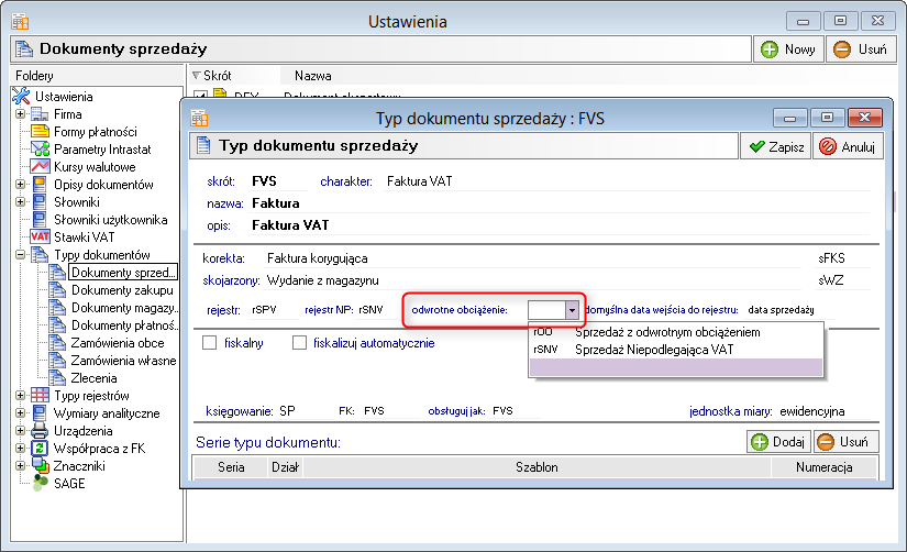 Rejestr odwrotne obciążenie w typie dokumentu sprzedaży Na formatce wybranych typów dokumentów sprzedaży można wskazać rejestr dla odwrotnego obciążenia.