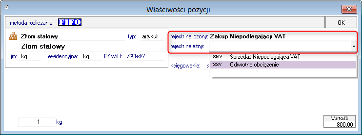 niezależnie od tego, jakie pozycje są na dokumencie, podlegające, czy niepodlegające VAT rejestr jest podpowiadany z typu dokumentu.