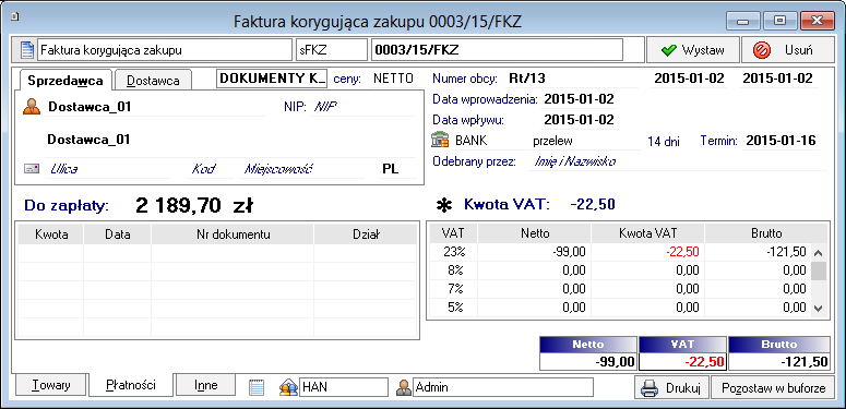 Zmiana kwoty VAT na korekcie zbiorczej dokumentu zakupu Podczas wystawiania korekty zbiorczej dokumentów zakupu istnieje możliwość zmiany obliczonej łącznej kwoty w stawce VAT.