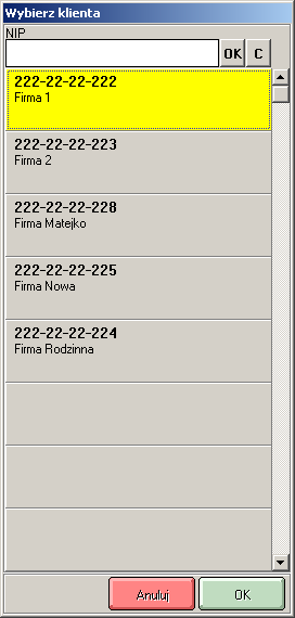 W oknie tym pojawią się wszystkie wpisy wprowadzone do bazy modułu Faktura VAT. W wyborze odpowiedniego rekordu pomocne jest pole wyszukiwania klienta według numeru NIP.
