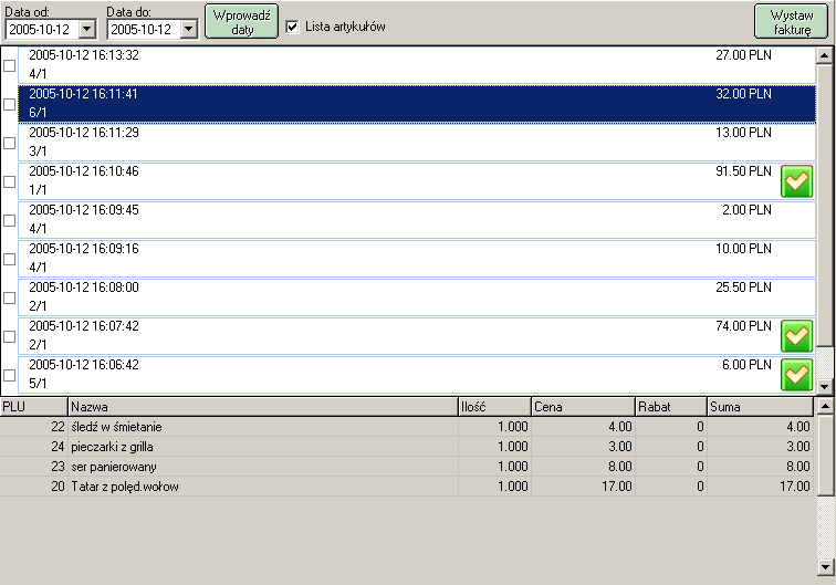 Aby zobaczyć jakie artykuły składają się na wybrany rachunek, należy zaznaczyć wiersz rachunku w liście, a następnie pojedynczym kliknięciem postawić parafkę w polu obok Lista artykułów (obok