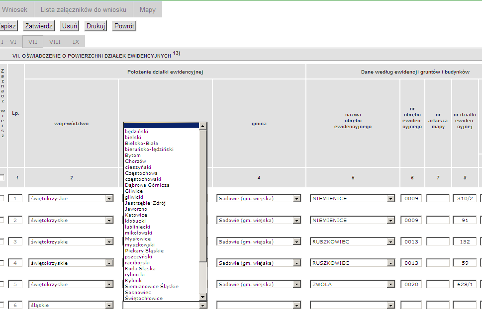 Wypełnianie wniosku wprowadzenie działek ewidencyjnych Działki ewidencyjne do poziomu obrębu