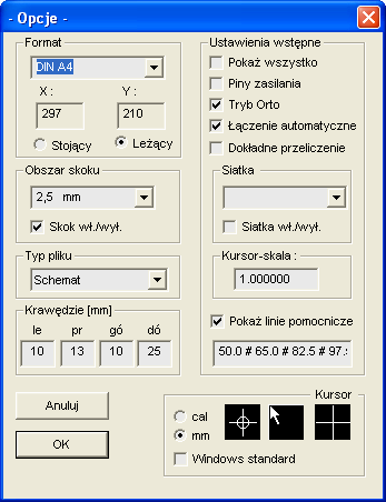Ustawienia opcji arkusza Kursor Podana tutaj jednostka obowiązuje dla wyświetlania wartości współrzędnych kursora, dla wymiarów arkusza rysunkowego, jak równieŝ wartości współrzędnych wprowadzanych z