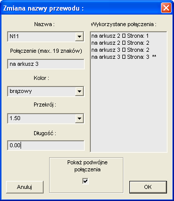 Rysowanie połączeń elektrycznych Przy tworzeniu nowego przewodu wyświetla się okno dialogowe pozwalające zmienić ustawienia danych dotyczących rysowanego