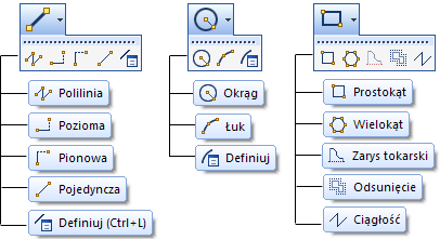 Rys.2.7 Polecenie Współrzędne Dostępne narzędzia do tworzenia geometrii możemy wywołać z paska narzędzi lub z głównego menu Geometria (rysunek 2.8). Rys.2.8 Pasek poleceń Geometria Ikony z pokrewnych poleceń są pogrupowane i dostępne z rozwijalnego menu (rysunek 2.