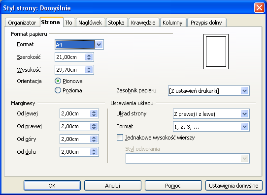 Pasek Menu Pasek Standardowy Pasek Formatowania Kartka dokumentu Ustawienia