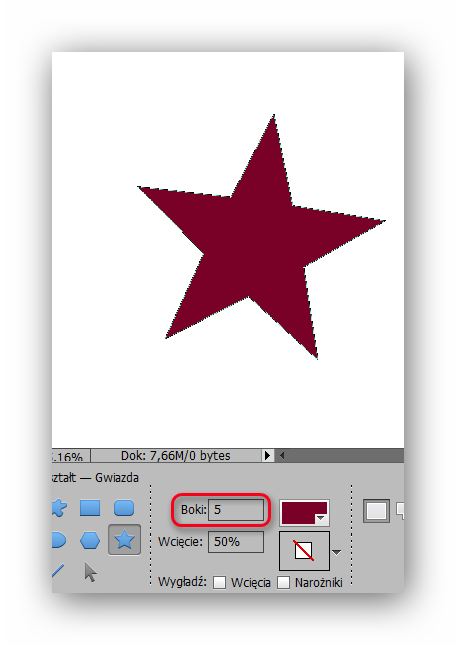 Z prawej strony widoczny jest ośmiobok d) Gwiazdy, po wybraniu narzędzia gwiazda pojawią się nowe opcje narzędzia - Wcięcie boków Określa głębokość wcięcia boków gwiazdy.