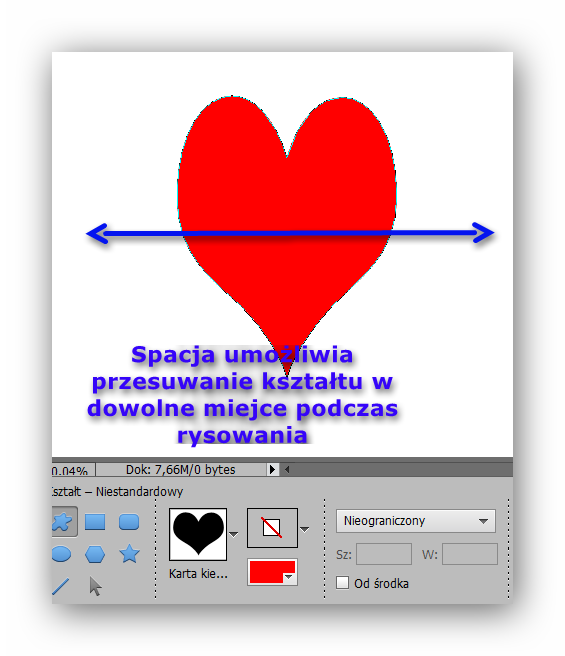 d) Określony rozmiar Rysuje kształt własny jako kształt o stałych wymiarach, na podstawie wartości wprowadzonych w polach tekstowych Szerokość i Wysokość. e) Od środka Rysuje kształt własny od środka.