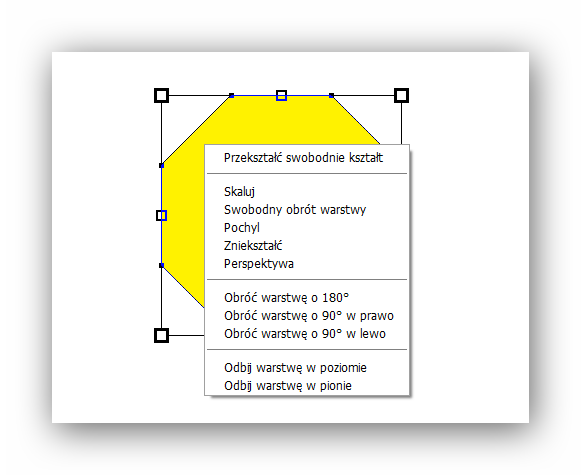 Klikamy PPM na kształcie i wyświetli się okienko konekstowe w którym można utworzyć zaznaczenie lub przekształcić swobodnie kształt Jeśli wybierzemy przekształć swobodnie pojawi się panel opcji