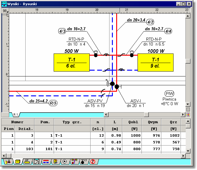 9 Przykłady Fragment rozwinięcia z wynikami obliczeń 92 Przykład instalacji w układzie mieszanym tradycyjnym pionowym i poziomym mieszkaniowym W pliku przyk2grd standardowo zapisanym w katalogu