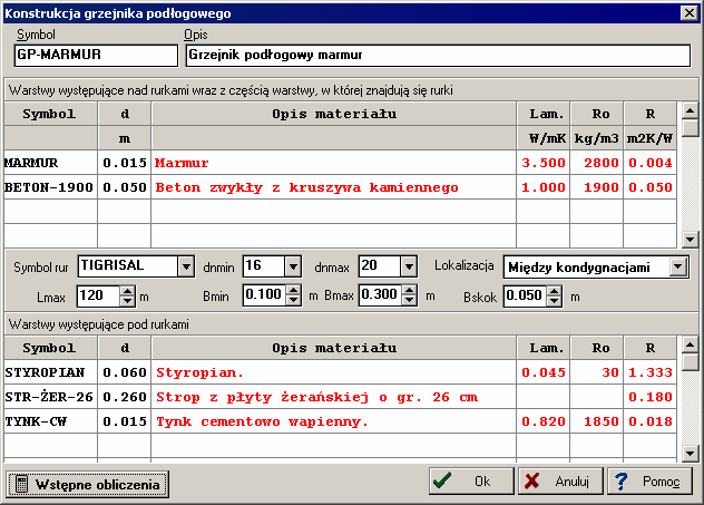 Audytor CO 36 10128 Konstrukcja grzejnika podłogowego - dialog Dialog służy do definiowania konstrukcji grzejnika podłogowego Dialog Konstrukcja grzejnika podłogowego - Dane konstrukcyjne Poniżej