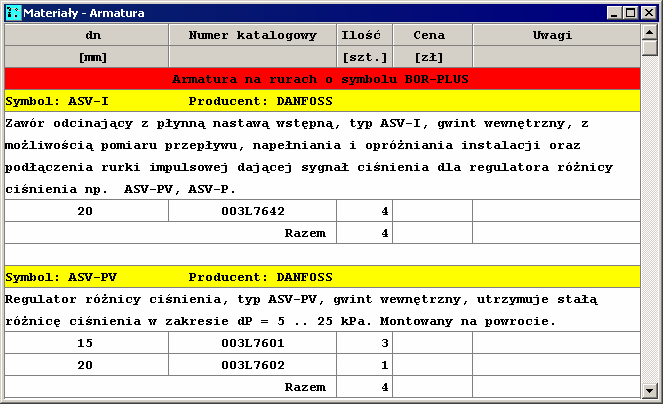 10 Załączniki 1038 Materiały - Armatura - tabela Tabela zawiera zestawienie armatury 332 wykorzystywanej w projektowanej instalacji Do jej wyświetlenia służy polecenie Armatura 189 wywoływane z menu