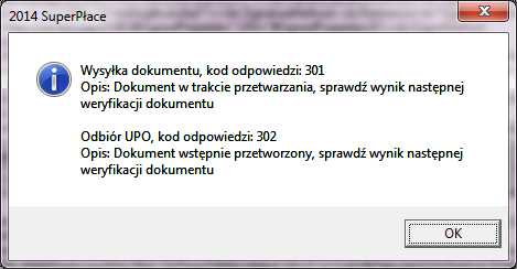 Udana wysyłka dokumentu zostanie wstępnie potwierdzona kodem '301' -