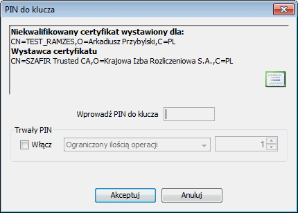 34 Dostępne deklaracje i konfiiguracja W przypadku podpisywania większej ilości dokumentów (np. w programie Ramzes SuperAdmin) możliwe jest użycie PIN-u trwałego.