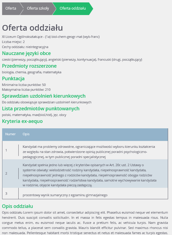 Podstawowe informacje dotyczące przeglądania oferty edukacyjnej szkół ponadgimnazjalnej na stronie dla kandydatów i opiekunów prawnych Zostanie wyświetlony szczegółowy opis danej grupy, jej cechy