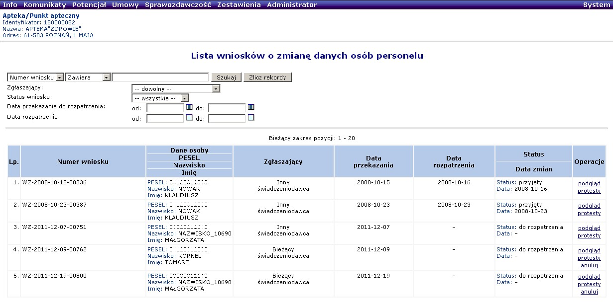 Rysunek 16 Lista wniosków o zmianę danych osób personelu Po zapoznaniu się z wszystkimi protestami (o ile zostały złożone), pracownik NFZ może zatwierdzić wniosek, wtedy wszystkie wprowadzone w nim