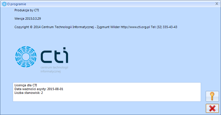 Należy kliknąć O programie. Wyświetli się nowe okno: W polu tekstowym znajdują się informacje o aktualnej licencji, którą w tym miejscu można wgrać. Aby to zrobić, należy kliknąć.