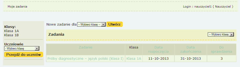 Funkcje aplikacji Moja praca Zakładka Moja praca umożliwia nauczycielom tworzenie zadań dla wybranych klas, przeglądanie list uczniów oraz zapoznanie się z wynikami testów i generowanie raportów